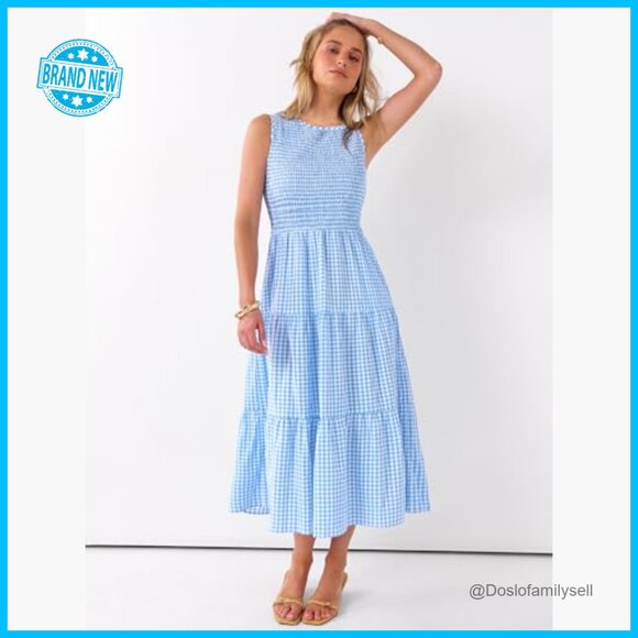 Sleeveless Crewneck Maxi Dress Smocked Tiered Boho Casual Beach Sundress - Picture 3 of 7